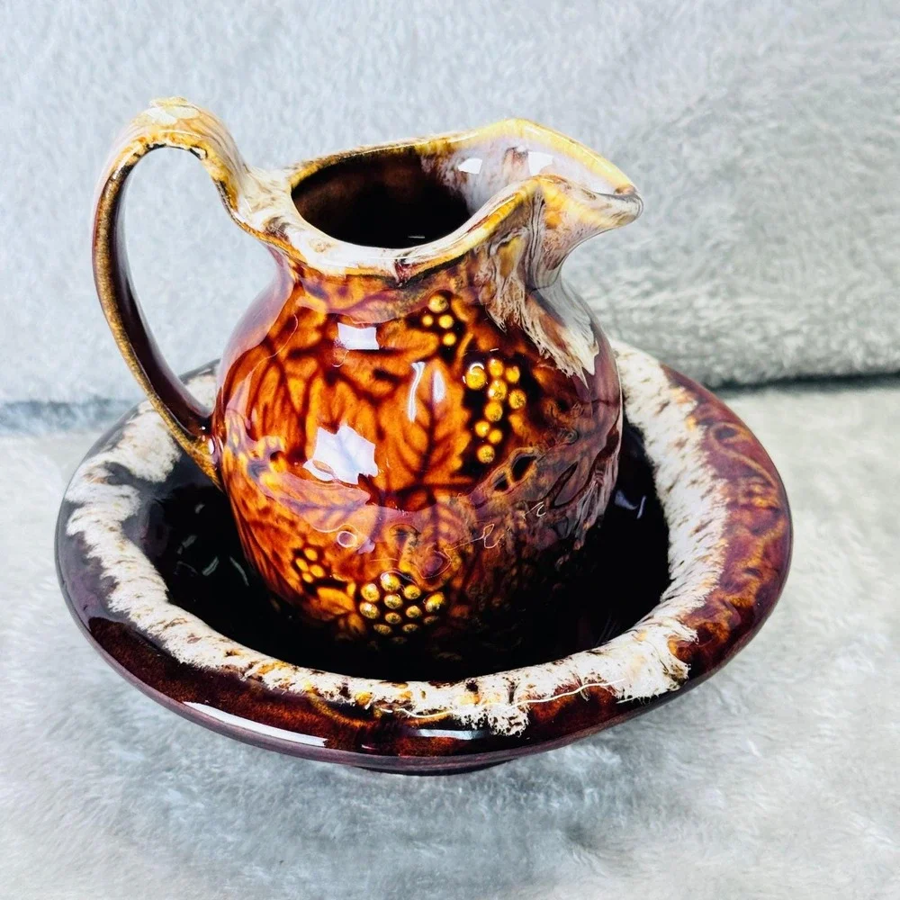 Drip Glaze Pottery Basin Pitcher & Bowl Set‎ Rustic Brown Stoneware Cabincore